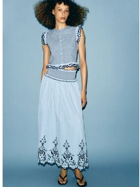 Zara Embroidered Plaid Midi Skirt featuring a smocked waist
